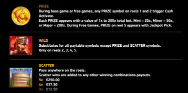 Roman Legend Paytable Prize Wild Scatter
